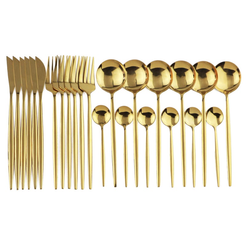 JANKNG 24-Piece Flatware Set, 18/0 Stainless Steel Knife Fork Spoon Teaspoon Silverware Set, Service for 6, MIrror Gold - Image 1